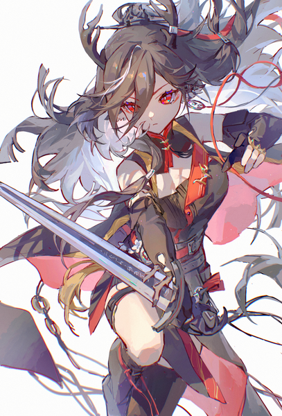 Anime picture 1187x1748 with arknights qiubai (arknights) dogdogbhh single long hair tall image fringe black hair simple background hair between eyes red eyes white background looking away horn (horns) girl weapon earrings sword hairpin (hairpins)