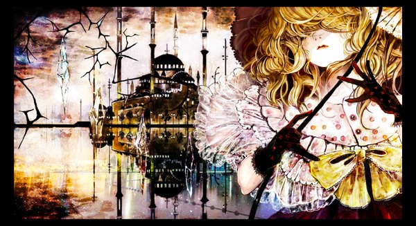 Anime picture 2992x1632 with touhou flandre scarlet majamari single blush highres short hair blonde hair wide image holding lips reflection girl gloves hat wings black gloves crystal castle