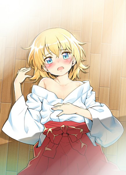 Anime picture 724x1000 with original miko boy (peko) komase (jkp423) single tall image looking at viewer blush fringe short hair open mouth blue eyes light erotic blonde hair bare shoulders lying traditional clothes japanese clothes shadow otoko no ko androgynous