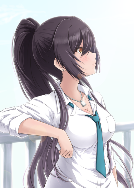 Anime-Bild 756x1058 mit idolmaster idolmaster shiny colors shirase sakuya diesel-turbo single long hair tall image blush fringe black hair brown eyes looking away upper body ponytail profile girl shirt necktie white shirt pendant