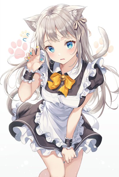 Anime-Bild 1800x2681 mit original r o ha single long hair tall image looking at viewer blush highres open mouth blue eyes simple background standing white background animal ears payot silver hair tail nail polish head tilt animal tail