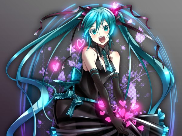 Anime picture 1600x1200 with vocaloid hatsune miku open mouth twintails green eyes green hair grey background girl dress ribbon (ribbons) hair ribbon detached sleeves necktie heart