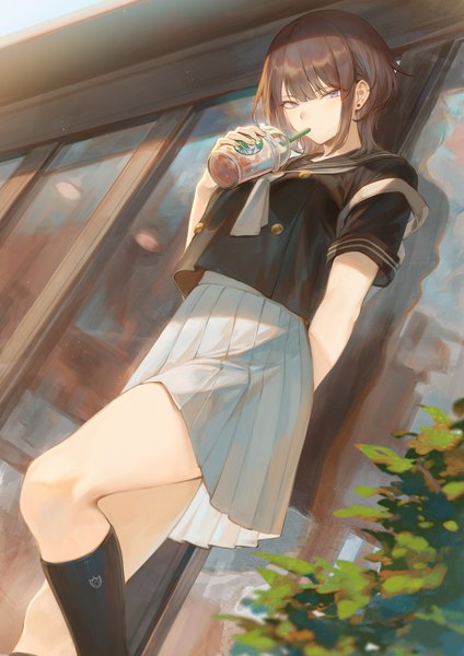 Anime picture 1592x2251 with original starbucks oomikado himari mashuu (neko no oyashiro) single tall image looking at viewer fringe short hair blue eyes brown hair standing holding payot outdoors blunt bangs pleated skirt from behind short sleeves dutch angle