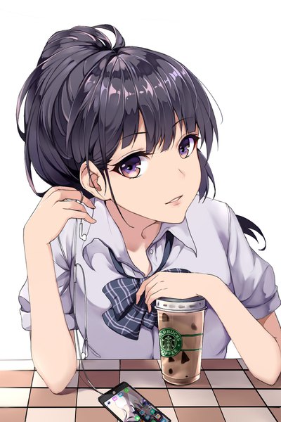 Anime picture 1100x1650 with original starbucks lanzero single long hair tall image looking at viewer fringe black hair simple background hair between eyes white background purple eyes ponytail parted lips short sleeves open collar girl shirt white shirt