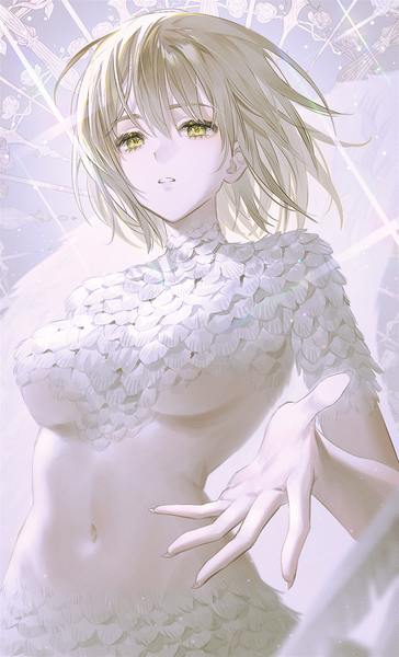Anime picture 1000x1647 with dungeon meshi studio trigger falin touden falin touden (chimera) fymrie single tall image fringe short hair breasts light erotic blonde hair hair between eyes yellow eyes looking away upper body midriff underboob spoilers girl