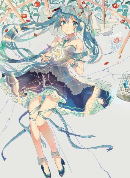 Anime picture 1240x1700 with vocaloid hatsune miku mada (shizhou) single long hair tall image blush fringe hair between eyes twintails bare shoulders looking away full body aqua eyes aqua hair grey background bare legs high heels floating hair frilly skirt