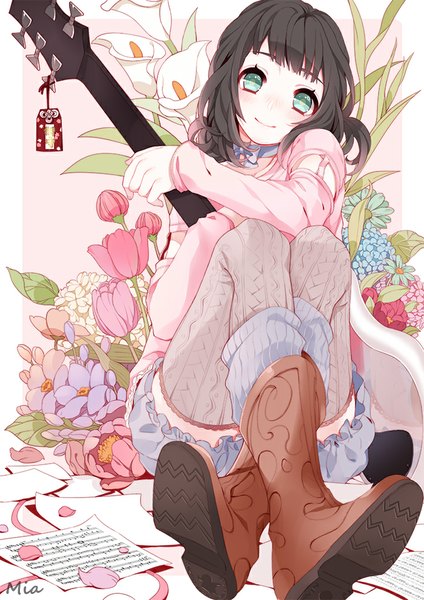 Anime picture 700x990 with original mia0309 single tall image blush fringe short hair black hair smile sitting green eyes signed girl thighhighs flower (flowers) petals boots guitar musical note hydrangea
