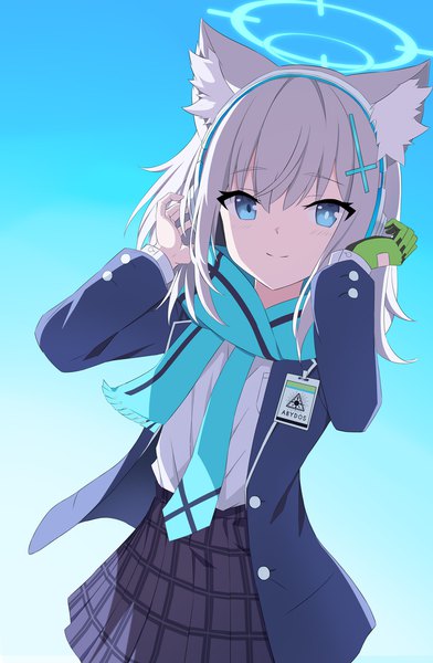Anime picture 1003x1536 with blue archive shiroko (blue archive) rururiiro single long hair tall image looking at viewer blue eyes simple background smile animal ears grey hair gradient background girl uniform school uniform necktie headphones scarf halo