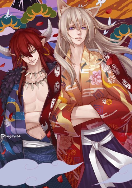 Anime picture 2480x3508 with original dong xiao long hair tall image fringe highres open mouth blonde hair brown hair purple eyes signed animal ears traditional clothes japanese clothes horn (horns) pointy ears multiple boys teeth orange eyes crossed arms