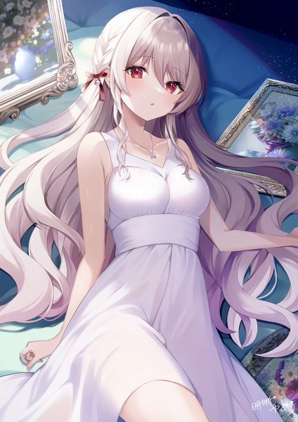 Anime picture 1077x1523 with original ymkrnchan single long hair tall image looking at viewer fringe breasts open mouth hair between eyes red eyes bare shoulders signed payot lying braid (braids) fingernails grey hair :o side braid