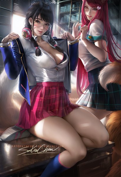 Anime-Bild 684x1000 mit league of legends overwatch blizzard entertainment ahri (league of legends) d.va (overwatch) academy ahri (league of legends) academy d.va (overwatch) sakimichan long hair tall image looking at viewer blush breasts light erotic black hair large breasts multiple girls brown eyes signed animal ears