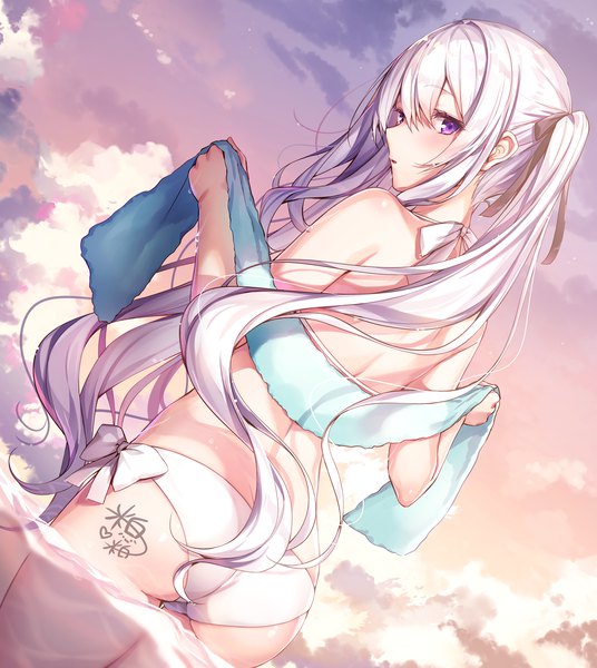 Anime picture 1525x1706 with original komeshiro kasu single long hair tall image looking at viewer blush fringe open mouth light erotic hair between eyes standing purple eyes twintails holding signed payot sky silver hair cloud (clouds)