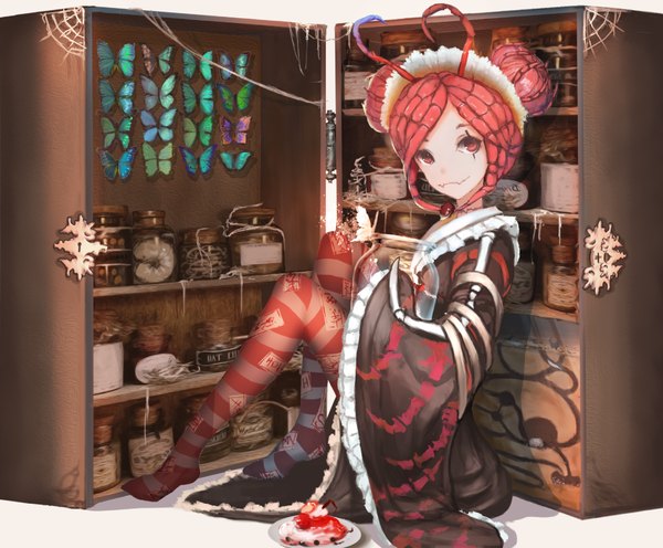 Anime picture 1028x851 with overlord (maruyama) madhouse entoma vasilissa zeta nooko single looking at viewer fringe smile red eyes sitting red hair wide sleeves hair bun (hair buns) no shoes scar eyebrows girl dress pantyhose food
