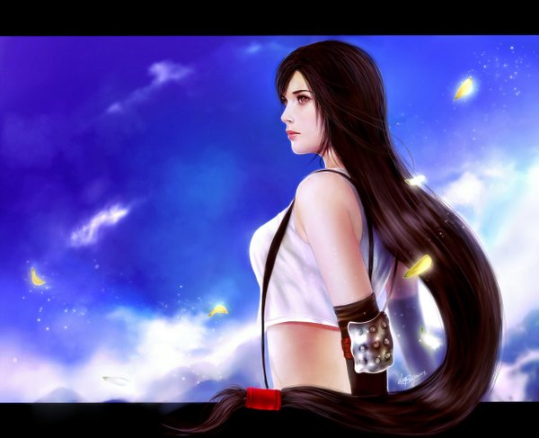 Anime picture 1280x1041 with final fantasy square enix tifa lockhart zolaida (artist) single long hair brown hair sky realistic letterboxed girl petals crop top suspenders tank top elbow pads
