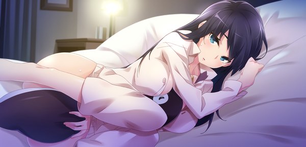 Anime picture 2250x1080 with brava! single long hair looking at viewer blush highres breasts blue eyes light erotic black hair wide image large breasts game cg lying girl shirt toy stuffed animal pajamas