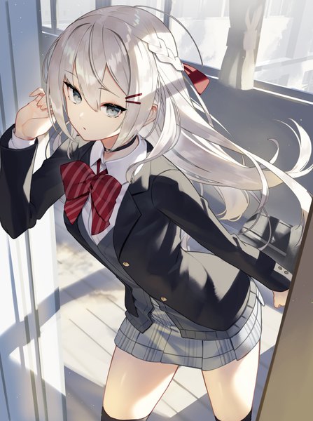 Anime picture 4843x6500 with original scottie (phantom2) single long hair tall image looking at viewer fringe highres open mouth hair between eyes standing payot absurdres silver hair ahoge indoors braid (braids) long sleeves arm up leaning