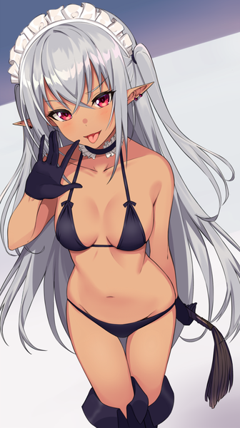 Anime picture 786x1403 with original sukebewe single long hair tall image looking at viewer blush fringe breasts light erotic simple background hair between eyes red eyes standing bare shoulders holding payot cleavage from above pointy ears