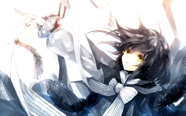 Anime picture 1440x900 with tagme (copyright) dhiea short hair black hair wide image yellow eyes tears dress feather (feathers) tagme