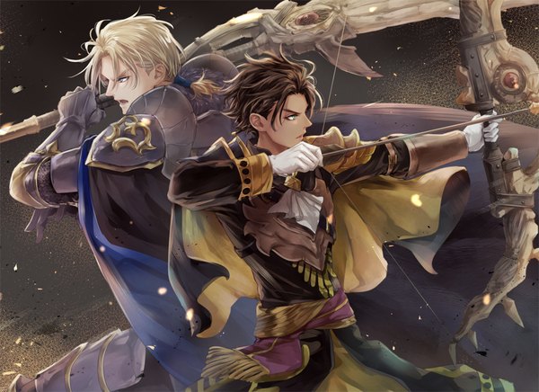 Anime picture 1000x727 with fire emblem fire emblem: three houses fire emblem warriors: three hopes nintendo dimitri alexandre blaiddyd claude von riegan hksi1pin fringe short hair open mouth blue eyes blonde hair hair between eyes brown hair green eyes looking away long sleeves profile multiple boys outstretched arm