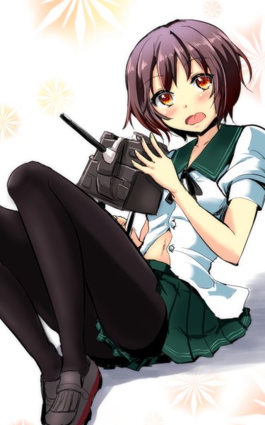 Anime picture 900x1440 with kantai collection mutsuki destroyer mutsuki (kantai collection) gin'ichi (akacia) single tall image looking at viewer blush short hair open mouth brown hair sitting holding full body orange eyes pantyshot pantyshot sitting sketch girl skirt