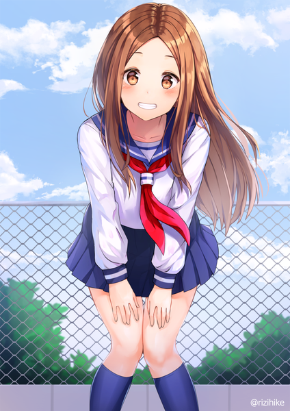 Anime picture 848x1200 with karakai jouzu no takagi-san takagi-san rizihike single long hair tall image looking at viewer blush open mouth smile brown hair brown eyes signed sky cloud (clouds) :d wind leaning leaning forward twitter username