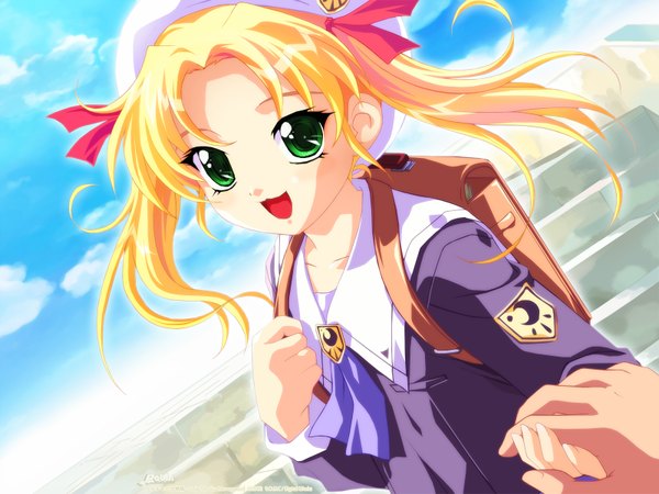 Anime picture 1600x1200 with little monica monogatari may (little monica monogatari) nonohara miki long hair looking at viewer open mouth blonde hair green eyes game cg sky cloud (clouds) upper body outdoors :d dutch angle holding hands solo focus pov girl hand