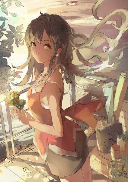 Anime picture 800x1131 with original ooi choon liang single long hair tall image looking at viewer blush smile bare shoulders holding green eyes looking back green hair wind turning head weightlessness girl skirt flower (flowers) ribbon (ribbons)