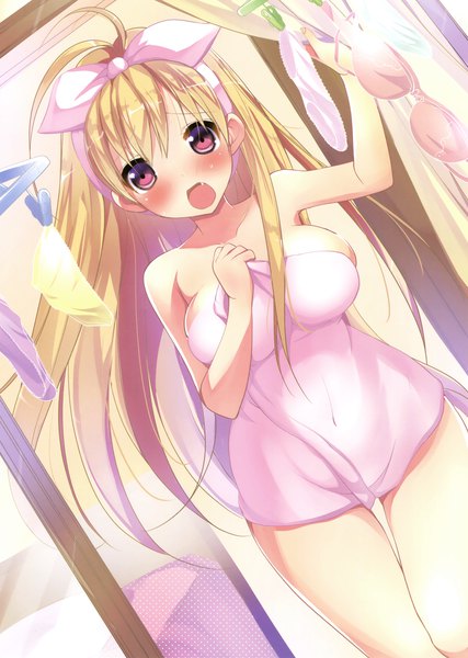 Anime picture 2489x3500 with original nekomaru (artist) single long hair tall image looking at viewer blush fringe highres breasts open mouth light erotic blonde hair hair between eyes purple eyes scan official art naked towel girl underwear