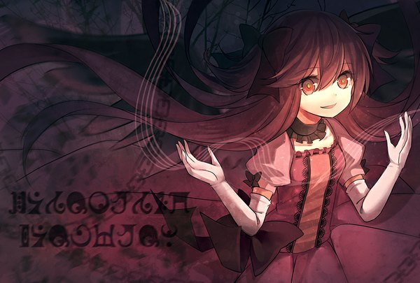 Anime picture 1000x676 with mahou shoujo madoka magica shaft (studio) kriemhild gretchen cuivre single long hair looking at viewer red eyes red hair inscription crazy smile crazy girl dress gloves bow hair bow elbow gloves white gloves