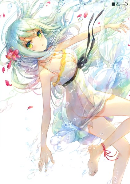 Anime picture 2398x3400 with original fuumi (radial engine) single long hair tall image looking at viewer highres light erotic green eyes cleavage bent knee (knees) ass white hair barefoot hair flower scan floating hair soles girl dress