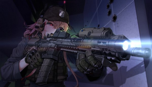 Anime picture 2764x1583 with girls frontline m4 sopmod ii (girls frontline) sd bigpie single long hair fringe highres open mouth blonde hair hair between eyes red eyes wide image holding looking away upper body indoors multicolored hair two-tone hair fang (fangs) streaked hair