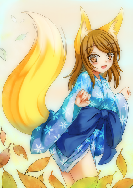 Anime picture 1050x1484 with original playjoe2005 single long hair tall image blush open mouth brown hair brown eyes fox ears fox tail fox girl girl leaf (leaves)
