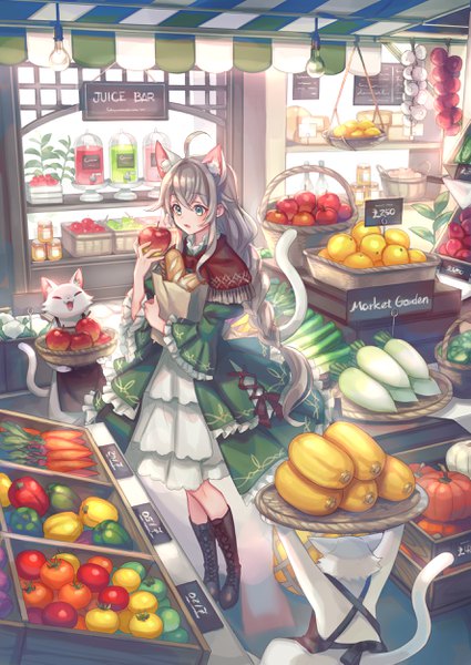 Anime picture 1771x2500 with original zoff (daria) single long hair tall image blush fringe highres open mouth hair between eyes standing holding animal ears payot looking away full body ahoge indoors tail braid (braids)