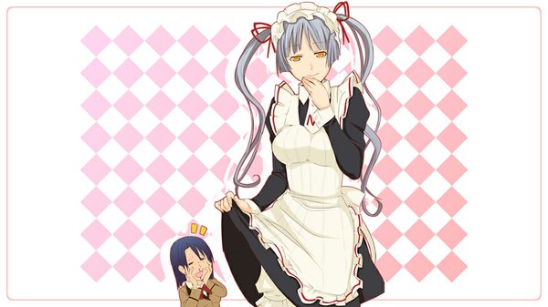 Anime picture 1000x563 with maria holic shaft (studio) shinouji matsurika miyamae kanako long hair short hair open mouth black hair simple background smile wide image twintails multiple girls yellow eyes eyes closed grey hair maid framed nosebleed girl