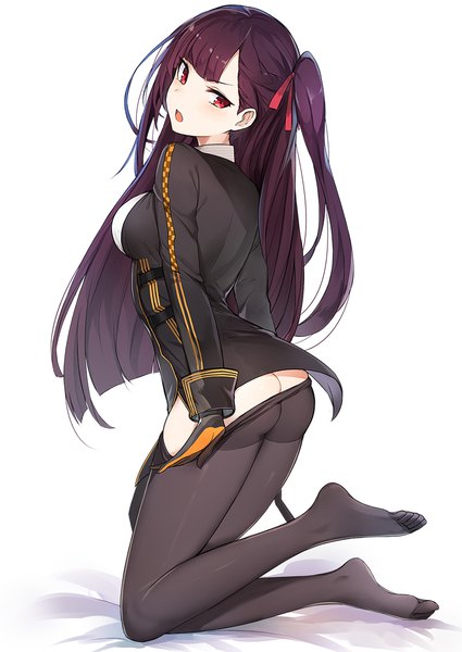 Anime picture 800x1129 with girls frontline wa2000 (girls frontline) luse maonang single long hair tall image looking at viewer blush fringe breasts open mouth light erotic simple background red eyes white background purple hair full body ass blunt bangs looking back