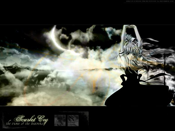 Anime picture 1600x1200 with air key (studio) kamio misuzu single long hair looking at viewer silver hair wind arms up third-party edit polychromatic girl dress black dress