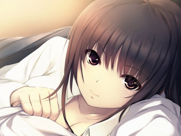 Anime picture 1200x900 with free friends noesis (studio) kurahashi yui coffee-kizoku single long hair looking at viewer fringe brown hair brown eyes lying open clothes mole open shirt mole under eye portrait close-up girl