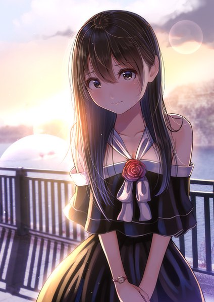 Anime picture 1240x1754 with original matsuno chiya kentaurosu single long hair tall image looking at viewer blush fringe hair between eyes brown hair standing bare shoulders brown eyes sky cloud (clouds) outdoors sunlight blurry off shoulder