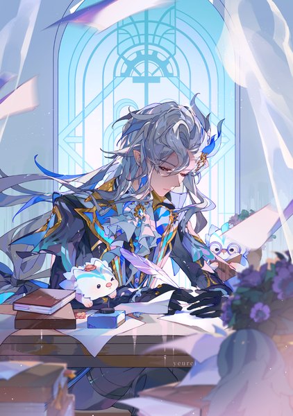 Anime picture 1055x1500 with genshin impact neuvillette (genshin impact) leisurely otter (genshin impact) yeurei single long hair tall image fringe hair between eyes silver hair indoors eyes closed pointy ears writing boy gloves black gloves book (books)