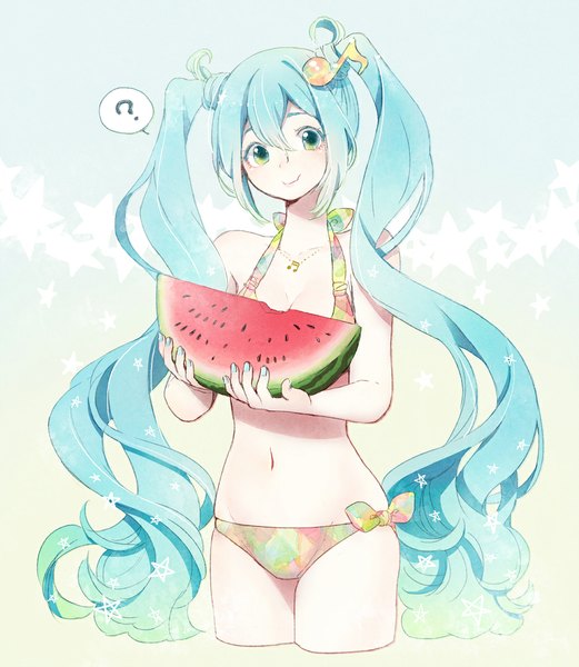 Anime picture 1000x1150 with vocaloid hatsune miku cako asida single long hair tall image looking at viewer smile twintails green eyes aqua hair summer ? girl swimsuit food berry (berries) musical note watermelon