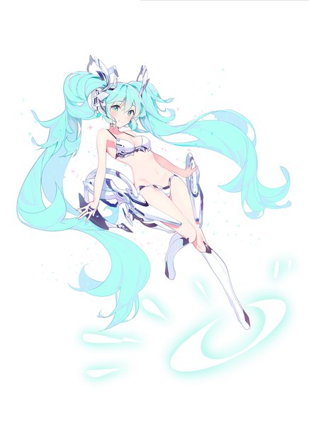 Anime picture 1500x2063 with vocaloid goodsmile racing hatsune miku racing miku ronopu single long hair tall image looking at viewer fringe breasts light erotic simple background smile hair between eyes white background twintails bent knee (knees) very long hair aqua eyes