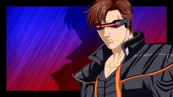 Anime picture 2650x1500 with x-men marvel comics cyclops (character) marik248 single highres short hair brown hair wide image shadow coloring portrait face boy cloak goggles