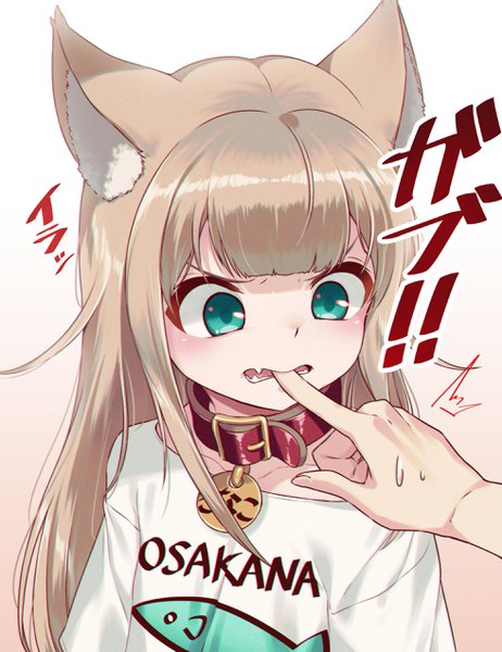 Anime picture 1960x2547 with original kinako (iyapan) 40hara long hair tall image blush fringe highres open mouth simple background blonde hair animal ears payot upper body blunt bangs aqua eyes cat ears cat girl fang (fangs) gradient background