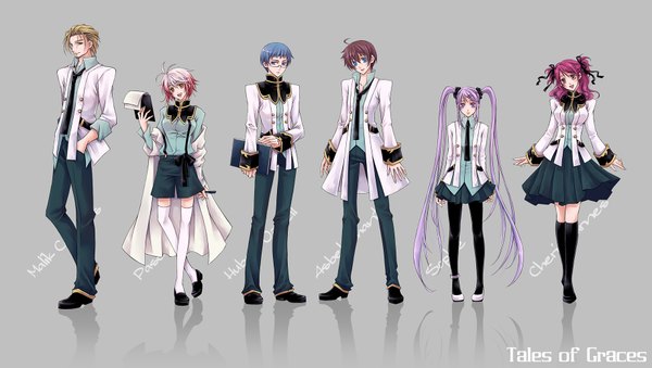 Anime picture 1840x1040 with tales of graces sophie (tales) asbel lhant cheria barnes pascal hubert ozwell malik caesars long hair highres short hair open mouth blue eyes simple background blonde hair smile brown hair wide image purple eyes twintails multiple girls