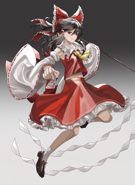 Anime picture 2828x3885 with touhou hakurei reimu reki (user rcrd4534) single long hair tall image fringe highres black hair simple background hair between eyes red eyes full body traditional clothes japanese clothes gradient background nontraditional miko girl skirt bow