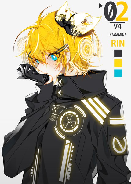 Anime picture 3000x4197 with vocaloid kagamine rin muaooooo single tall image fringe highres short hair blue eyes blonde hair hair between eyes white background upper body ahoge character names treble clef glove biting girl gloves bow