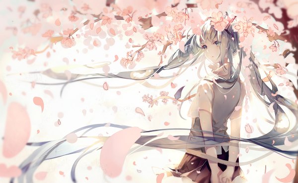 Anime picture 1460x900 with vocaloid hatsune miku pudding (8008208820) single wide image twintails very long hair looking back aqua eyes aqua hair cherry blossoms girl skirt flower (flowers) plant (plants) petals tree (trees) necktie