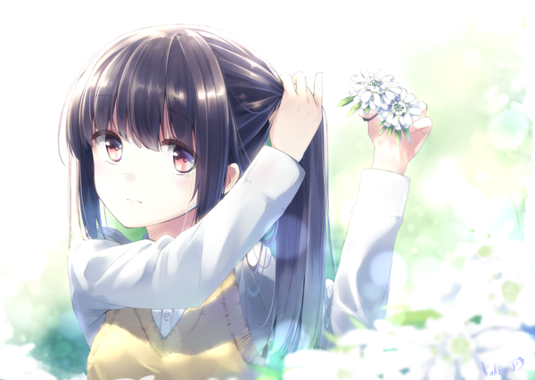Anime picture 1074x764 with original makadamia single long hair fringe black hair red eyes looking away girl flower (flowers) plant (plants)