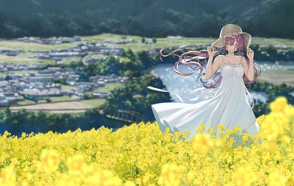Anime picture 2400x1518 with original kurumi (kantoku) kantoku single long hair blush fringe highres smile hair between eyes twintails pink hair outdoors eyes closed wind blurry arms up depth of field sleeveless low twintails