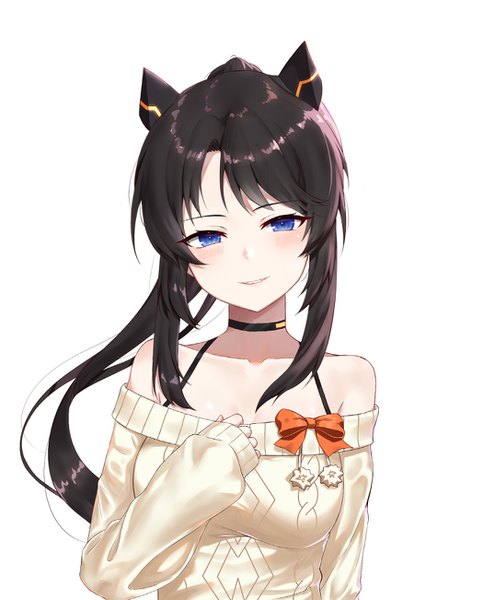 Anime picture 1049x1301 with soul worker kuki panda (wkdwnsgk13) single long hair tall image looking at viewer blush fringe breasts blue eyes black hair simple background smile standing white background bare shoulders animal ears payot upper body ponytail